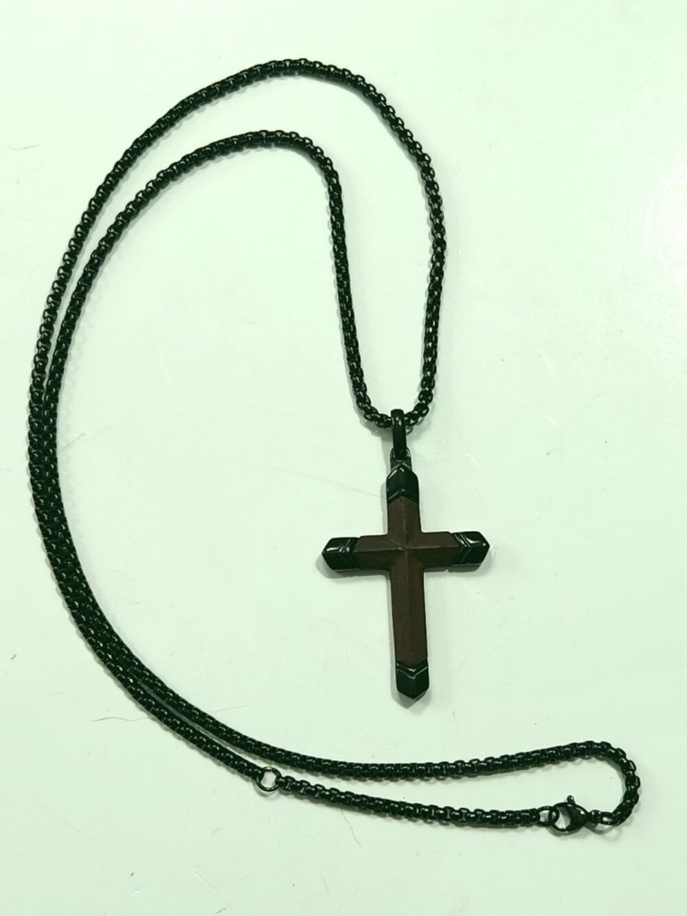 Santos Mahogany Wood Cross Inset In Black Stainless Steel Matching Box Chain 25"